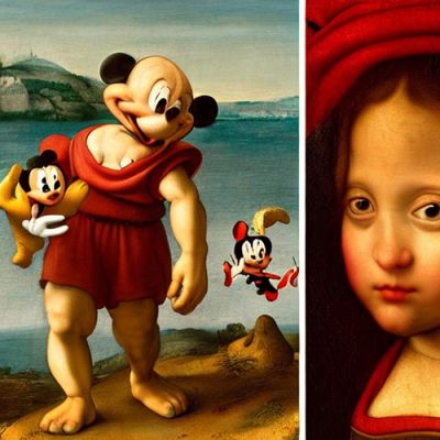 <i>“Close up of little Nemo and Mickey Mouse, walking side by side with Lara Croft in Lisbon City”</i> (image generated in collaboration with Deepai.com)